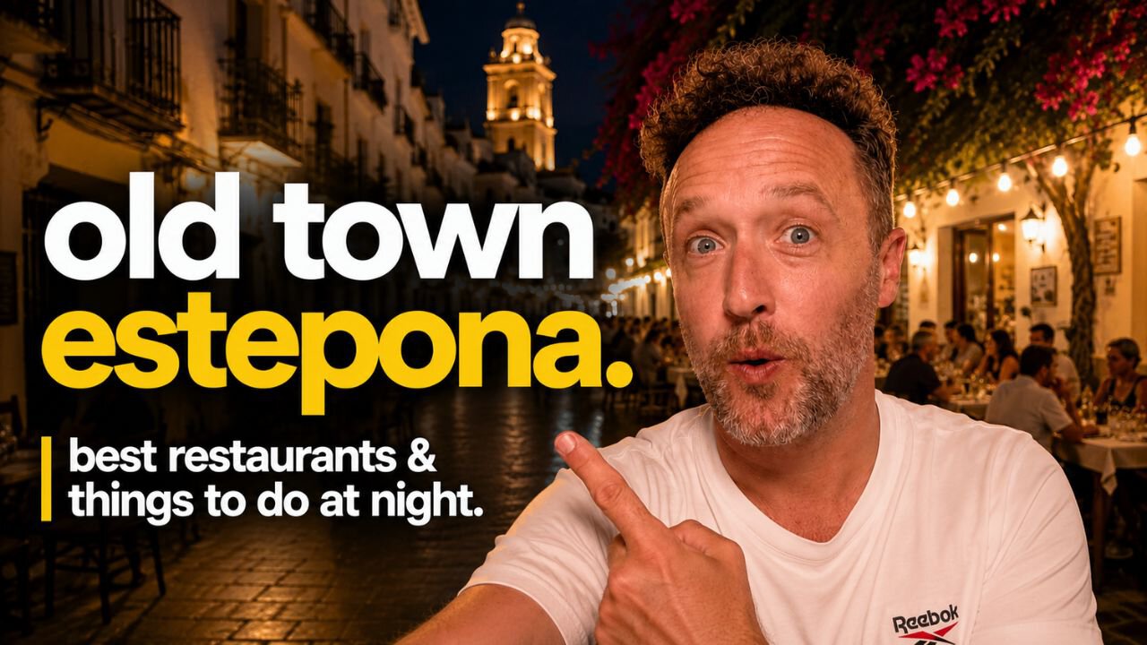 Man pointing toward a lit old-town street; text reads: Old town Estepona, best restaurants and things to do at night.